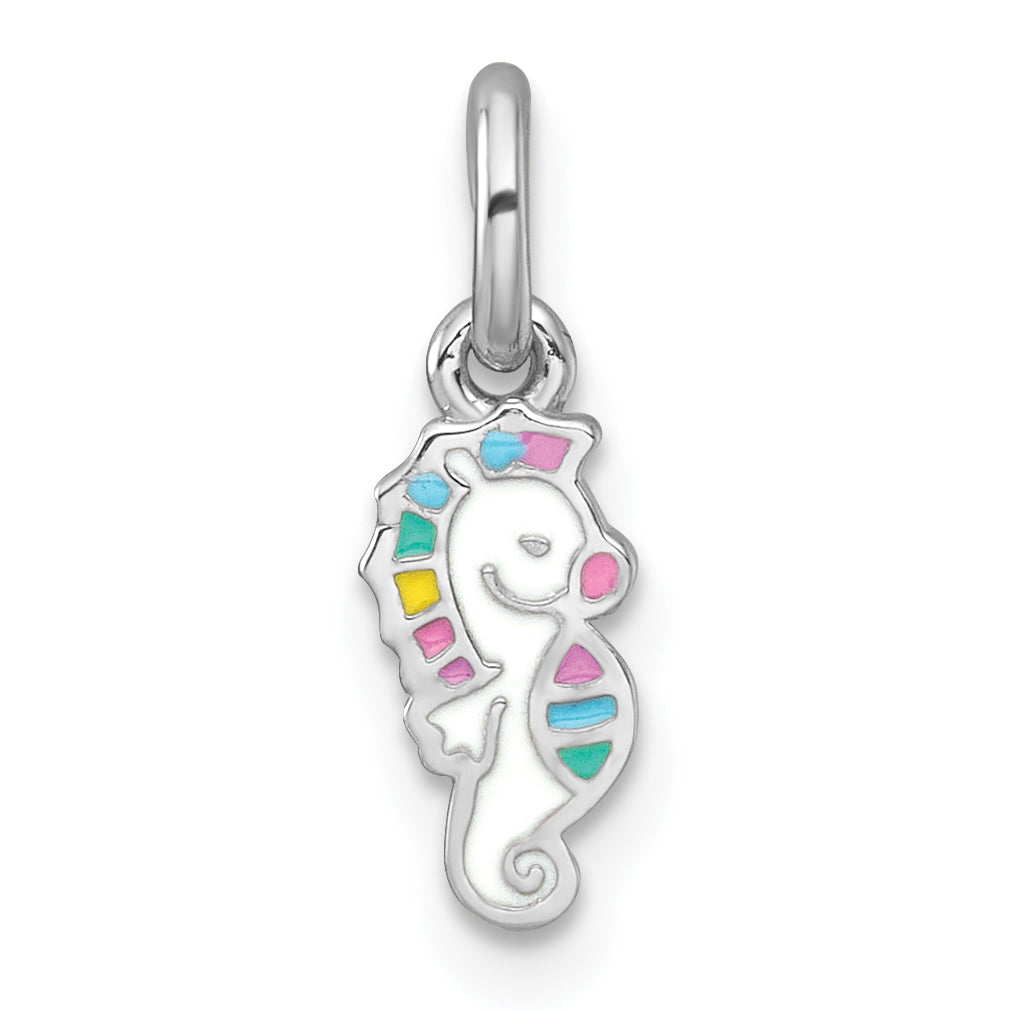 Sterling Silver Rhodium-plated Polished White and Rainbow Enamel Seahorse Childrens Pendant