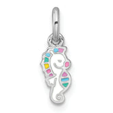 Sterling Silver Rhodium-plated Polished White and Rainbow Enamel Seahorse Childrens Pendant