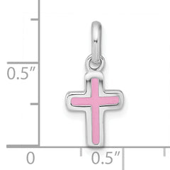 Sterling Silver Rhodium-plated Polished Pink Enamel Childrens Cross Charm Pendant