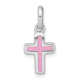 Sterling Silver Rhodium-plated Polished Pink Enamel Childrens Cross Charm Pendant
