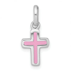 Sterling Silver Rhodium-plated Polished Pink Enamel Childrens Cross Charm Pendant