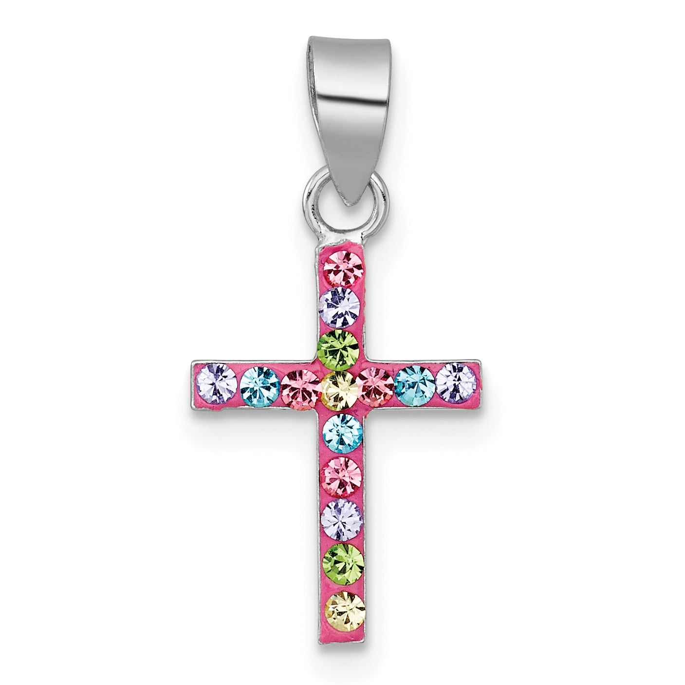 Sterling Silver Rhodium-plated Polished Pink/Blue/Green/Purple Crystal Childrens Cross Pendant