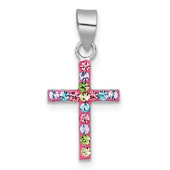 Sterling Silver Rhodium-plated Polished Pink/Blue/Green/Purple Crystal Childrens Cross Pendant