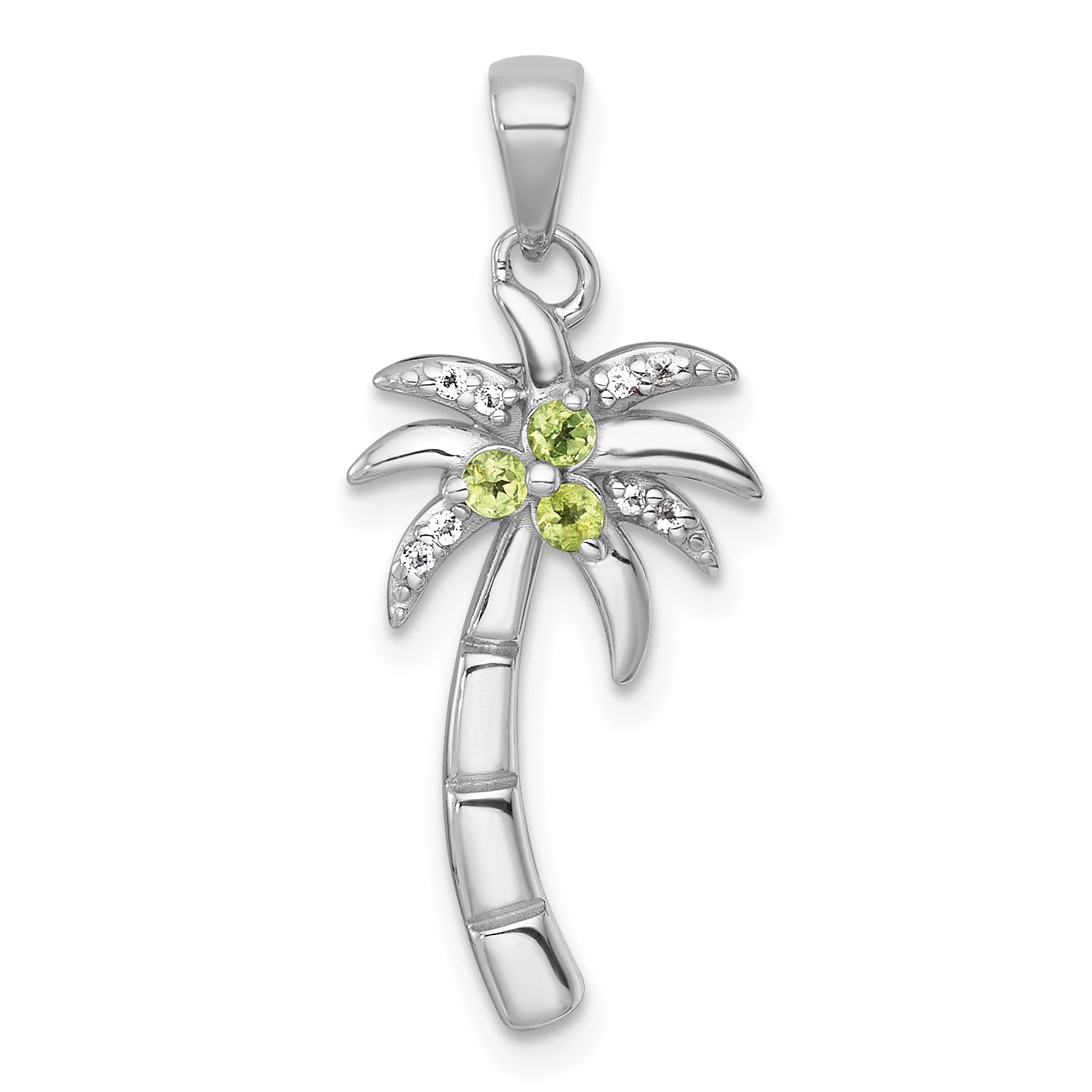 Sterling Silver Rhodium-plated Polished and Grooved Peridot and White Topaz Palm Tree Pendant
