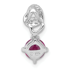 Sterling Silver Rhodium-plated Polished Round Lab Created Ruby and CZ Dangling Heart Chain Slide Pendant