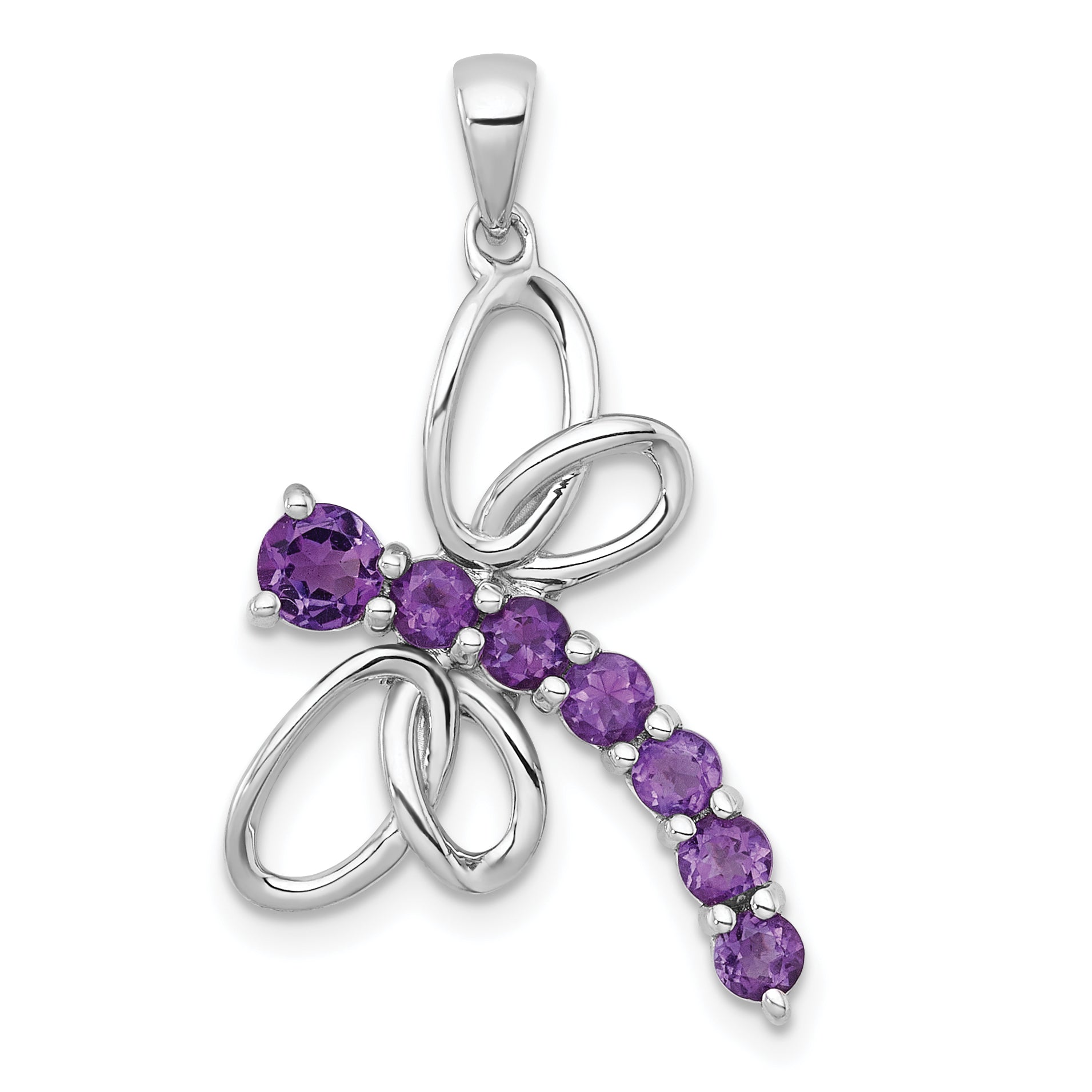 Sterling Silver Rhodium-plated Polished Amethyst Dragonfly Pendant