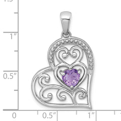 Sterling Silver Rhodium-plated Polished and Beaded Amethyst Filigree Heart Pendant