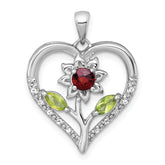 Sterling Silver Rhodium-plated Polished Garnet, Peridot and White Topaz Flower in Heart Pendant