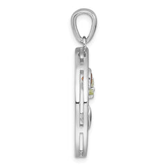 Sterling Silver Rhodium-plated Polished and Grooved Citrine and Peridot Beach Scene Circle Pendant