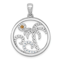 Sterling Silver Rhodium-plated Polished and Beaded Citrine and Light Swiss Blue Topaz Beach Scene Circle Pendant