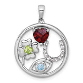 Sterling Silver Rhodium-plated Polished Garnet, Peridot and Light Swiss Blue and White Topaz Good Luck Pendant