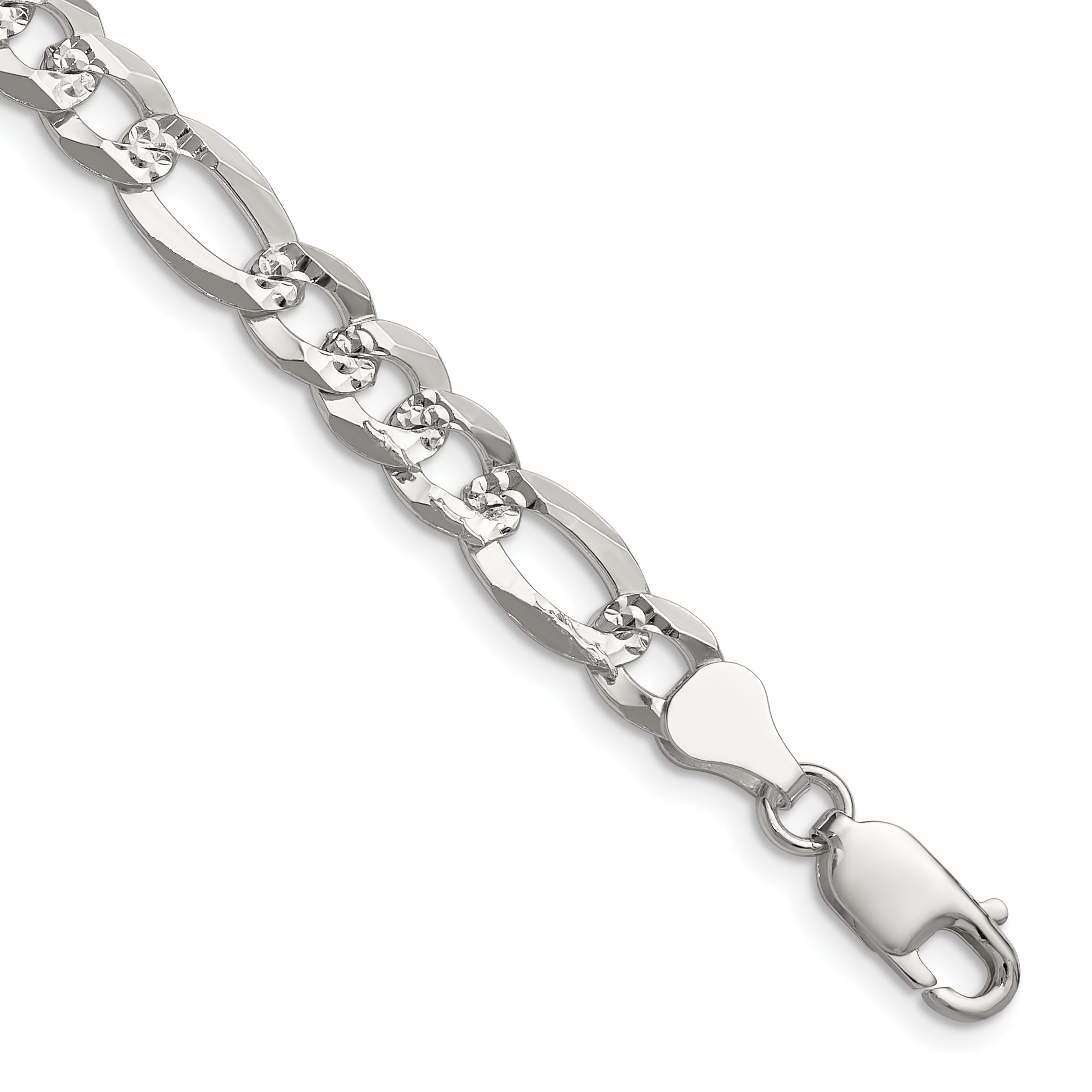 Sterling Silver 7.0mm Flat D/C Pave Figaro Chain