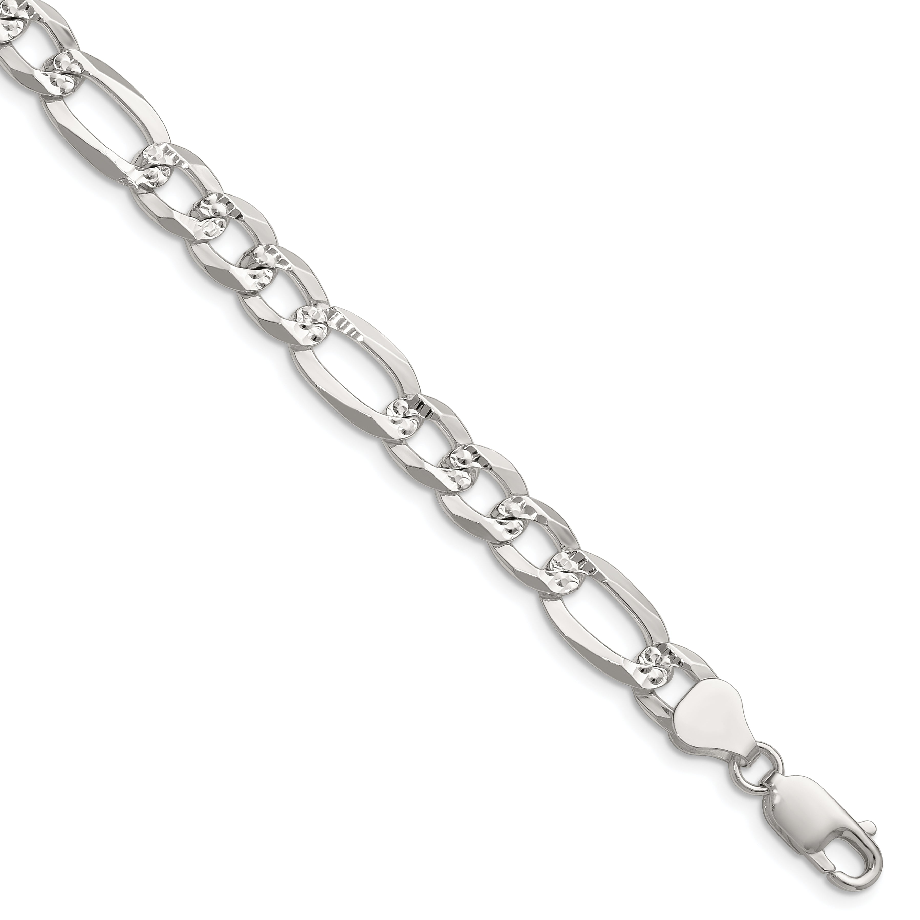 Sterling Silver 8.0mm Flat D/C Pave Figaro Chain