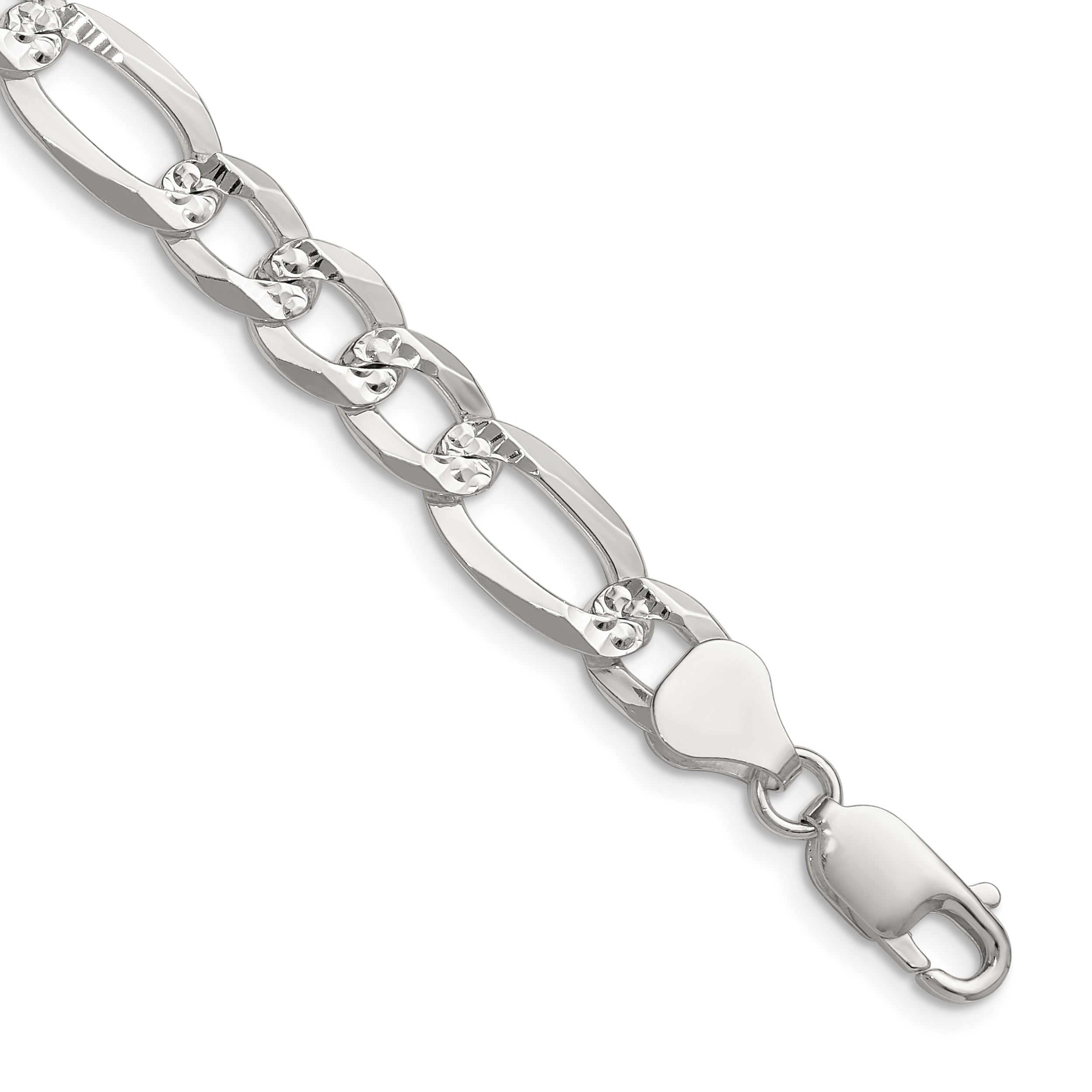 Sterling Silver 8.0mm Flat D/C Pave Figaro Chain