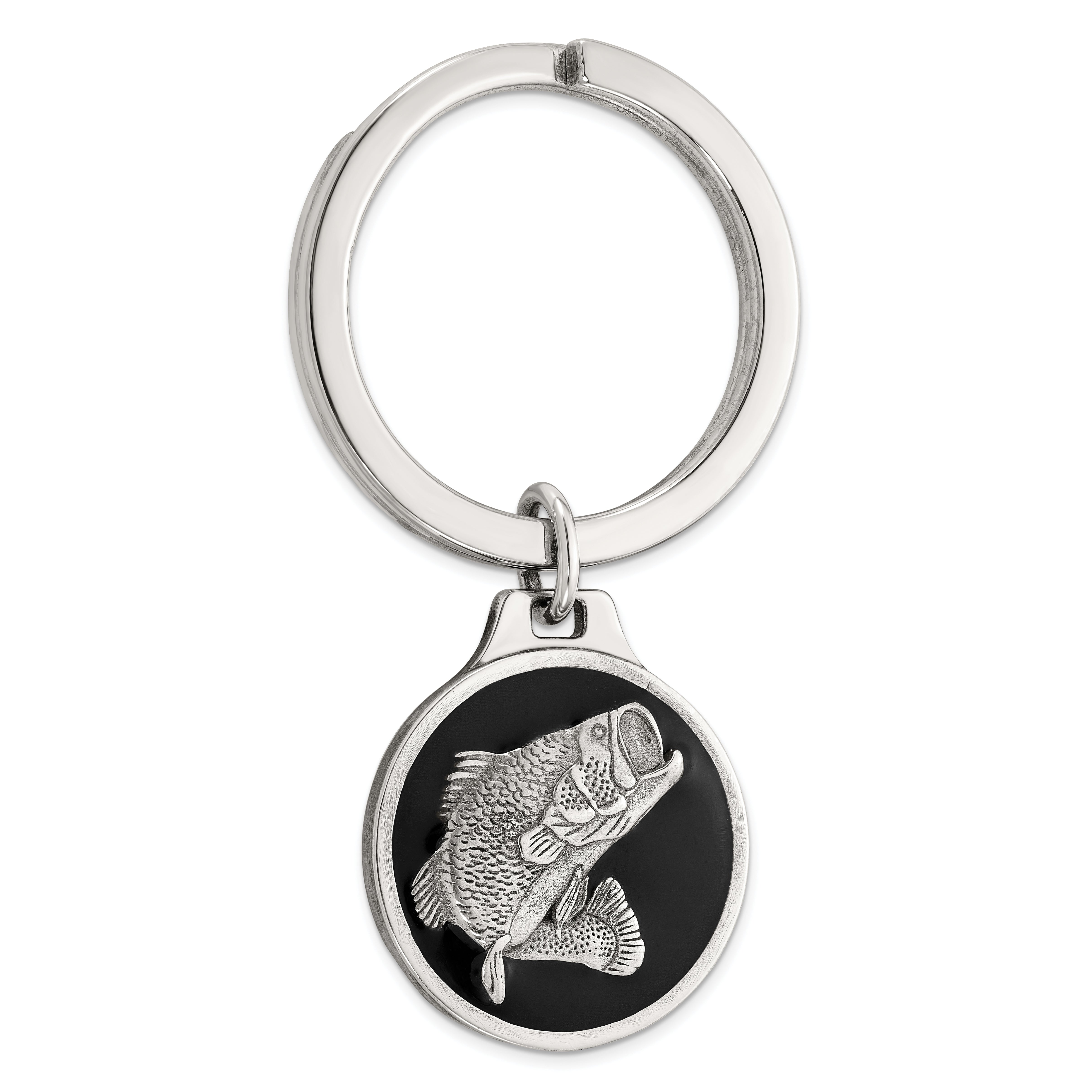 Sterling Silver Rhodium-plated Black Epoxy Bass Fish Keychain