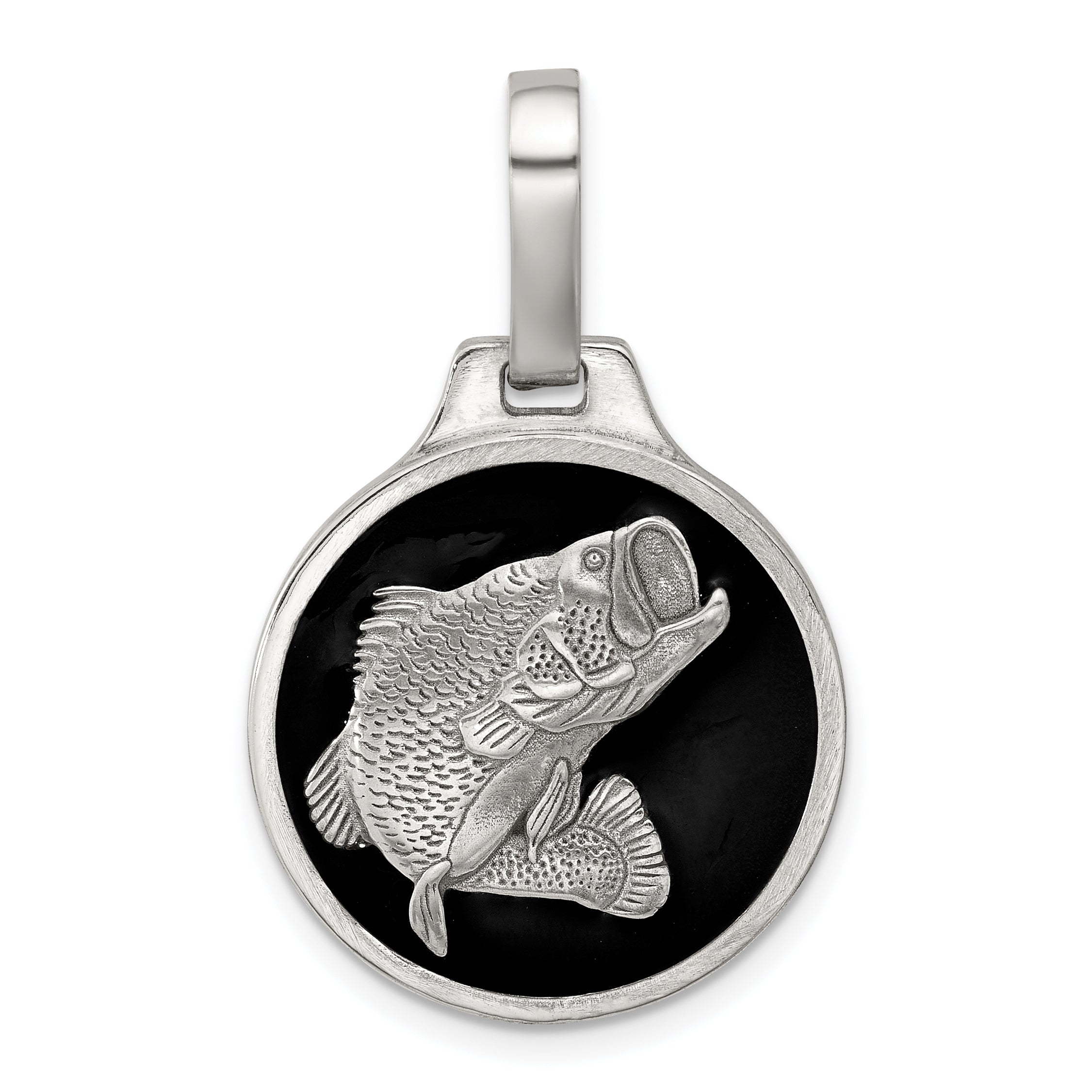 Sterling Silver Black Epoxy Bass Fish Pendant