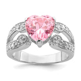Sterling Silver Rhodium plated 10mm Clear CZ and Pink Heart CZ Ring