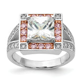 Sterling Silver w/ Rose-tone Vermeil Polished Square Pink & Clear CZ Ring