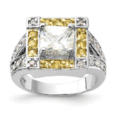 Sterling Silver Polished Yellow & Clear CZ Square Halo Ring