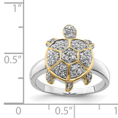 Sterling Silver Rhodium-plated CZ and Flash Gold-Plated Turtle Ring