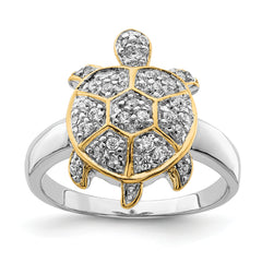 Sterling Silver Rhodium-plated CZ and Flash Gold-Plated Turtle Ring