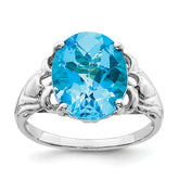 Sterling Silver Rhodium Oval Checker-Cut Blue Topaz Ring