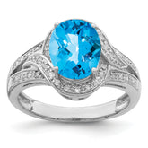 Sterling Silver Rhodium Diam. & Oval Checker-Cut Blue Topaz Ring