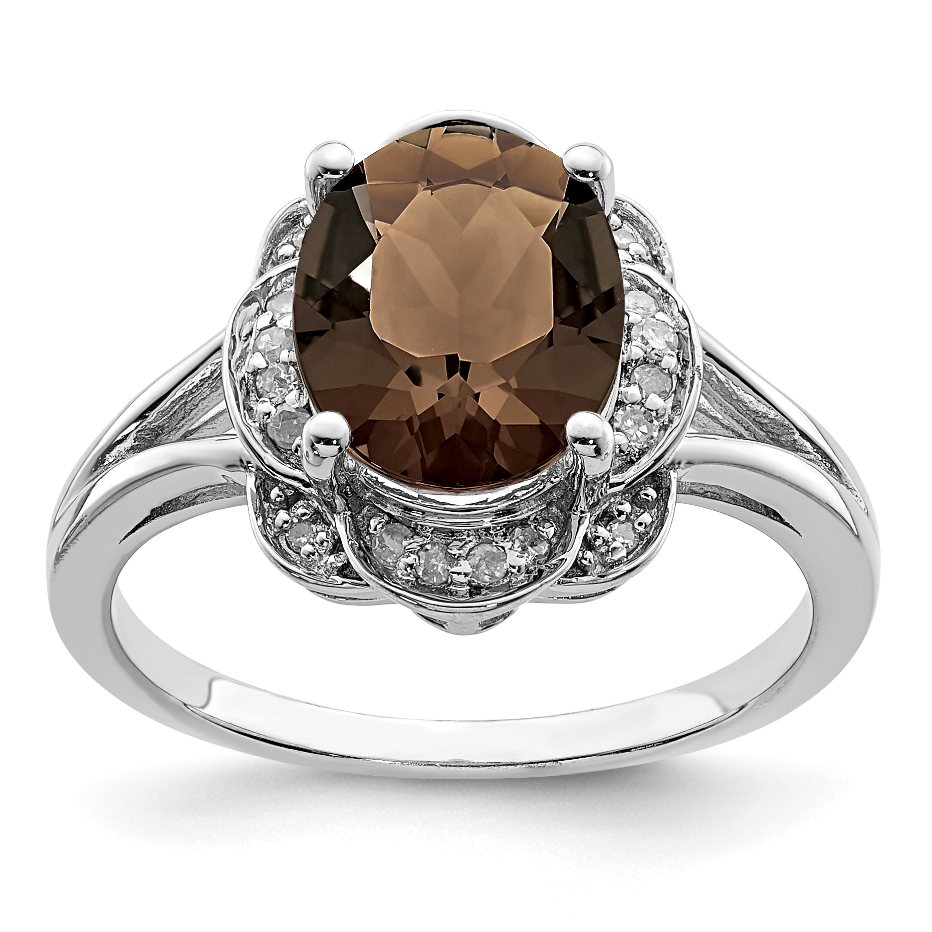 Sterling Silver Rhodium Diam. & Smoky Quartz Ring