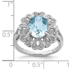 Sterling Silver Rhodium Diam. & Checker-Cut Sky Blue Topaz Ring