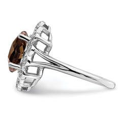 Sterling Silver Rhodium Diam. & Oval Checker-Cut Smoky Quartz Ring