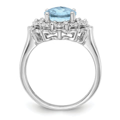 Sterling Silver Rhodium Diam. & Checker-Cut Sky Blue Topaz Ring