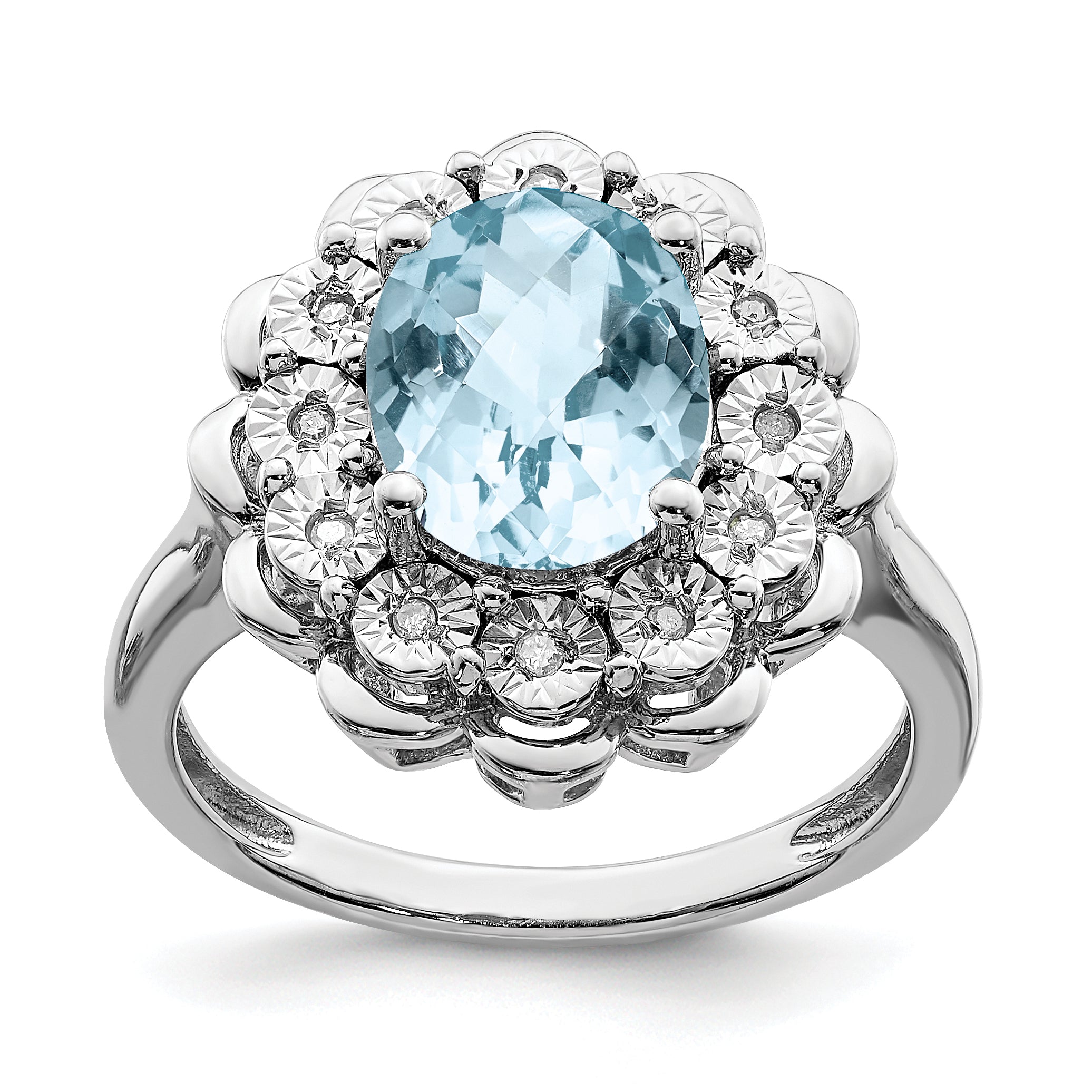 Sterling Silver Rhodium Diam. & Checker-Cut Sky Blue Topaz Ring