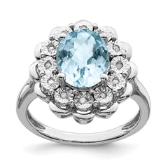 Sterling Silver Rhodium Diam. & Checker-Cut Sky Blue Topaz Ring