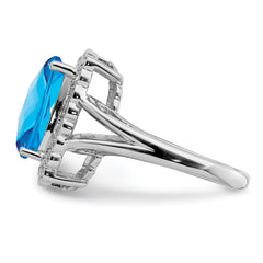 Sterling Silver Rhodium Diam. & Checker-Cut Blue Topaz Ring