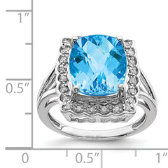 Sterling Silver Rhodium Diam. & Checker-Cut Blue Topaz Ring
