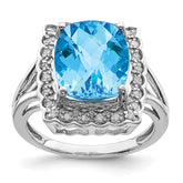 Sterling Silver Rhodium Diam. & Checker-Cut Blue Topaz Ring