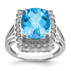Sterling Silver Rhodium Diam. & Checker-Cut Blue Topaz Ring