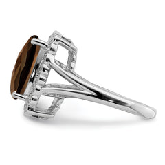 Sterling Silver Rhodium Diam. & Checker-Cut Smoky Quartz Ring