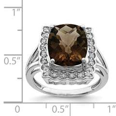 Sterling Silver Rhodium Diam. & Checker-Cut Smoky Quartz Ring