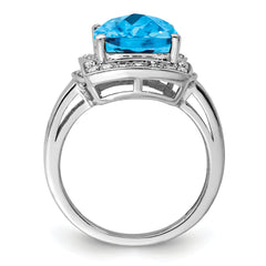 Sterling Silver Rhodium Diam. & Checker-Cut Blue Topaz Ring