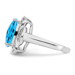 Sterling Silver Rhodium Diam. & Checker-Cut Blue Topaz Ring
