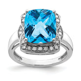 Sterling Silver Rhodium Diam. & Checker-Cut Blue Topaz Ring
