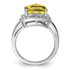 Sterling Silver Rhodium Diam. & Checker-Cut Lemon Quartz Ring