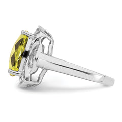 Sterling Silver Rhodium Diam. & Checker-Cut Lemon Quartz Ring