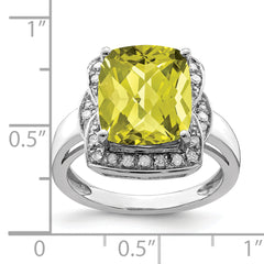 Sterling Silver Rhodium Diam. & Checker-Cut Lemon Quartz Ring