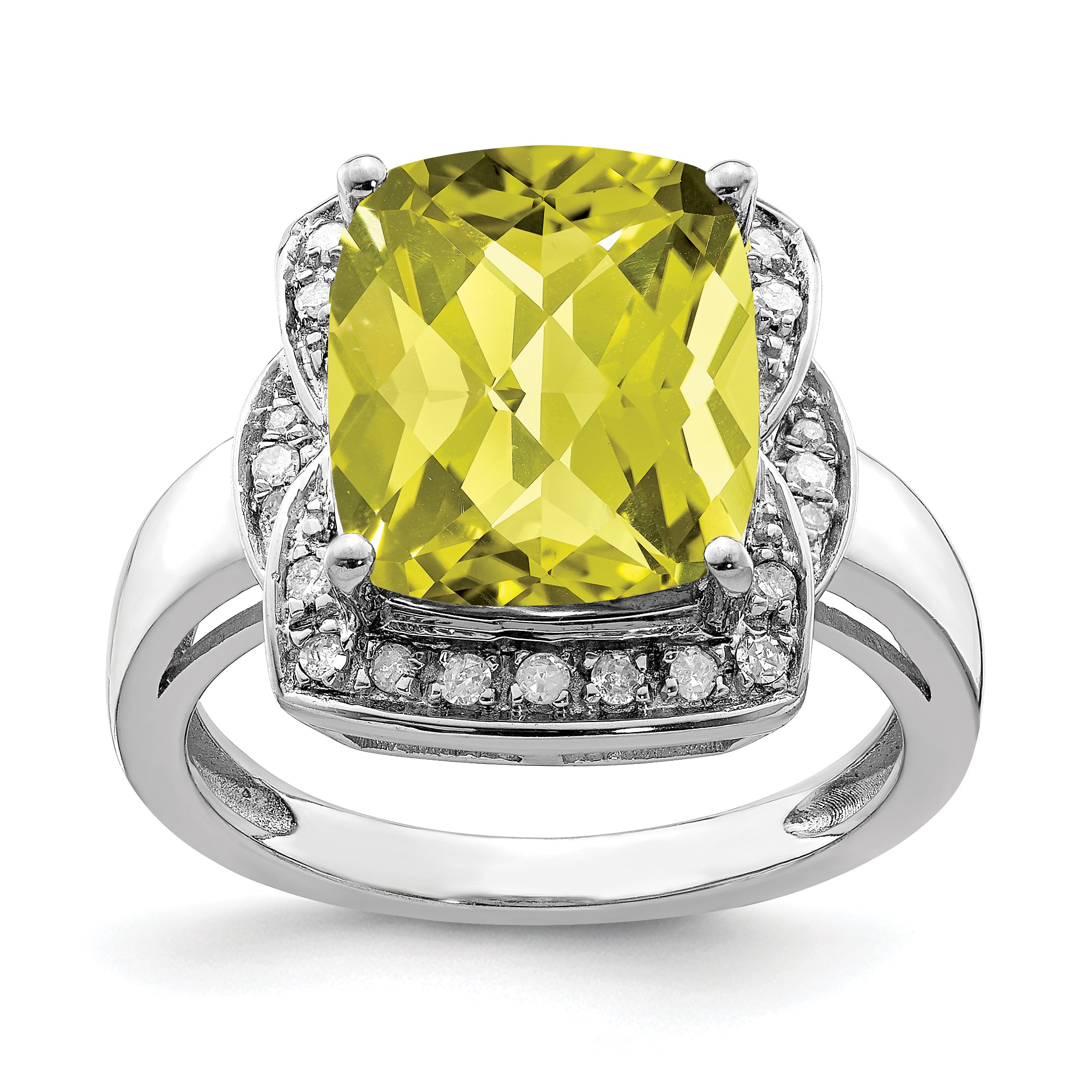 Sterling Silver Rhodium Diam. & Checker-Cut Lemon Quartz Ring