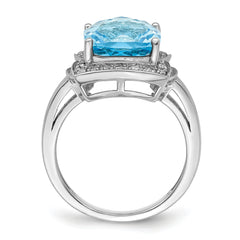 Sterling Silver Rhodium Diam. & Checker-Cut Sky Blue Topaz Ring