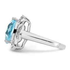 Sterling Silver Rhodium Diam. & Checker-Cut Sky Blue Topaz Ring