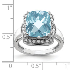 Sterling Silver Rhodium Diam. & Checker-Cut Sky Blue Topaz Ring
