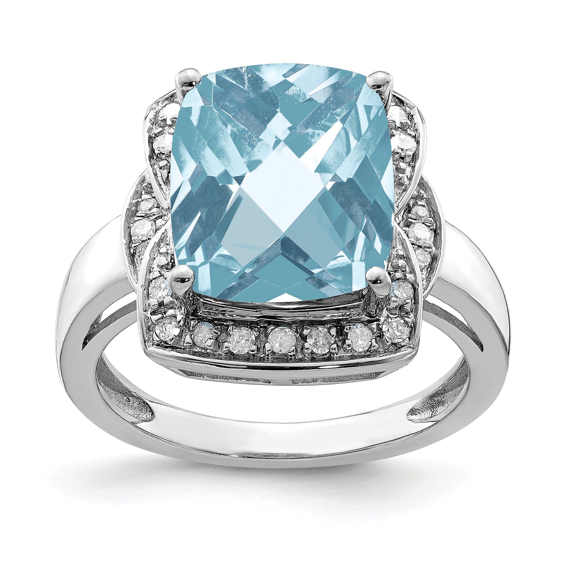Sterling Silver Rhodium Diam. & Checker-Cut Sky Blue Topaz Ring